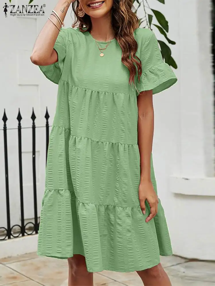 

Модель 2023 года, модное летнее платье ZANZEA с круглым вырезом, женское Повседневное платье с оборками, однотонное свободное праздничное платье-миди, женское платье