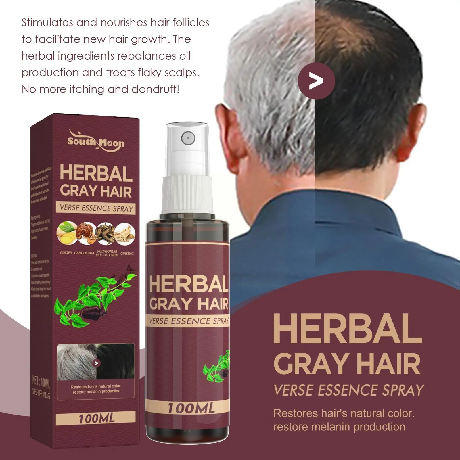 

100ml Herbal White To Black Black Hair Serum Hair Darkening Reduce Nourish Hair White Care Hair Anti Gray Spray Scalp Hair X8Z0