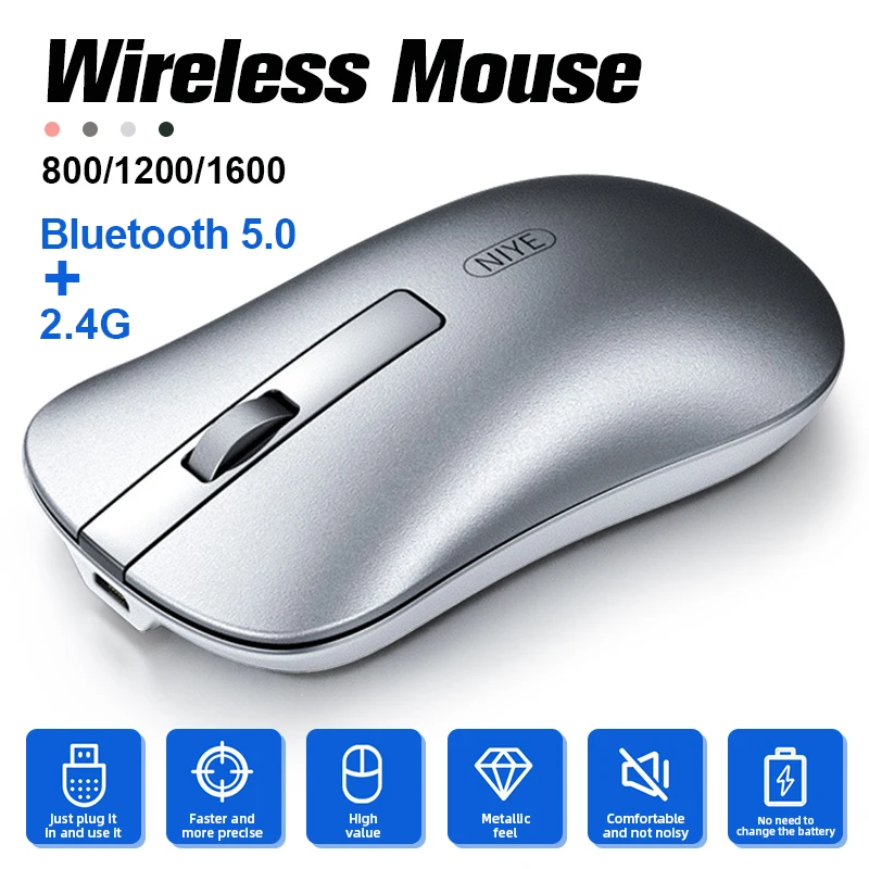 

Victsing Bluetooth 5.0+2.4GHz Wireless Mouse Rechargeable aluminum alloy with 3 Adjustable DPI mute mouse for MacBook, Laptop