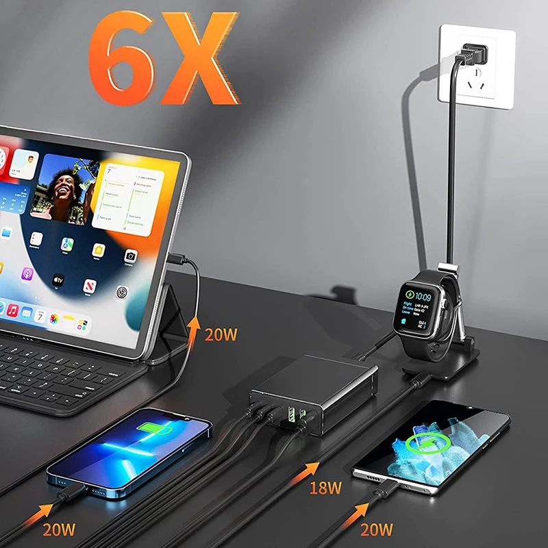 URVNS 96W 6-Port Desktop USB Charger with 3 USB-C Ports +3 USB-A Ports Multiport PD Fast Charger Power Adapter for Mobile Phones