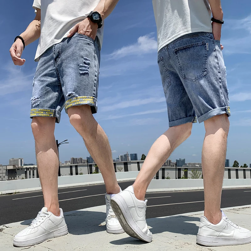 Summer New Beach Casual Men's Denim Shorts Straight Knee-Length Jeans Fashion Trend Loose Ripped Men's Street Short Jeans