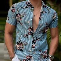 2022 summer new slim fit mens shirts striped print mens short sleeve cardigan fashion casual lapel single breasted mens tops