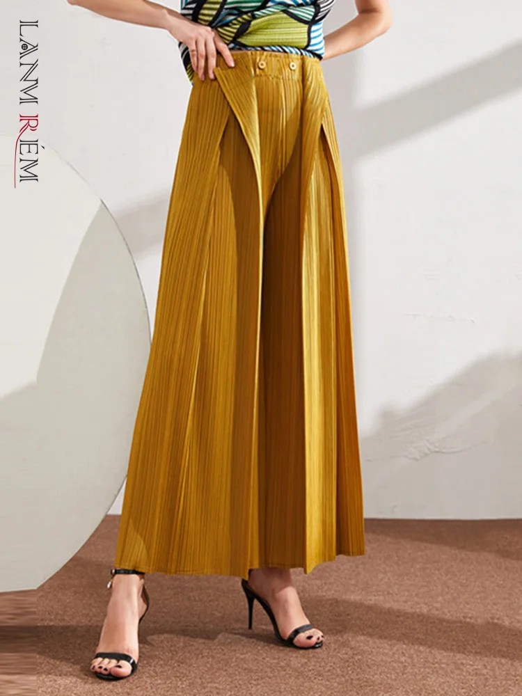 

LANMREM 2022 Spring New Pants High Waist Solid Pattern Pleated Casual Loose Wide Leg Length Trousers Women Fashion AW826