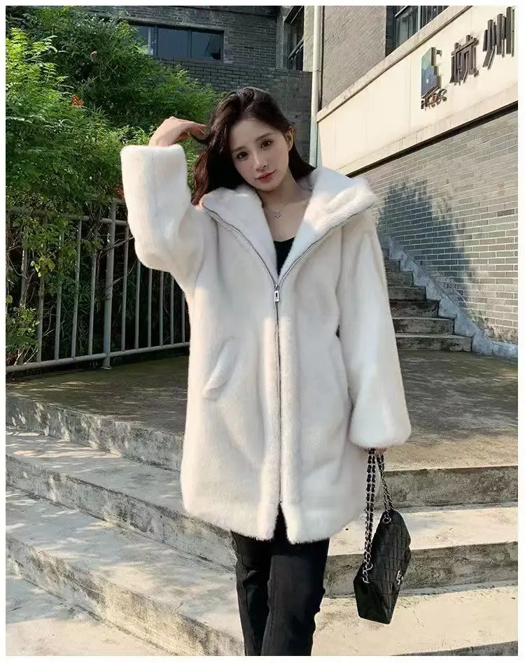 

New fur autumn and winter wool temperament women's coat medium and long loose thick plush hood trend warm mink