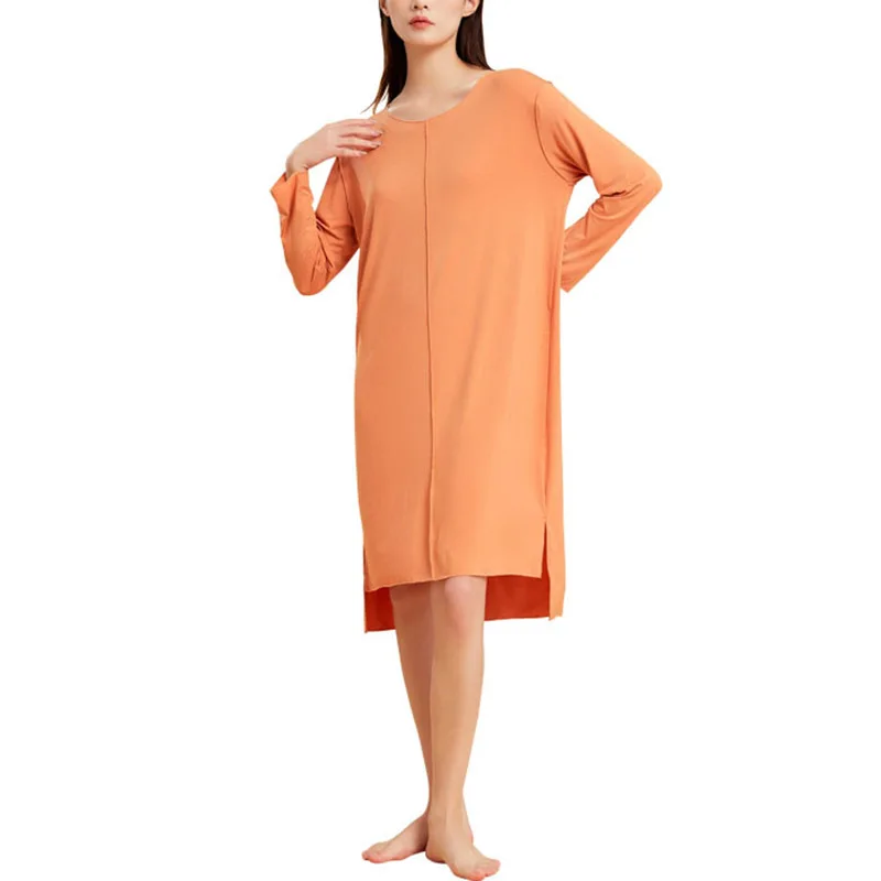 

Women Nightgown Long-sleeved Nightdress Solid Sleepwear Dress Casual Loose Loungewear Soft Spring Summer Plus Size Pajama Top