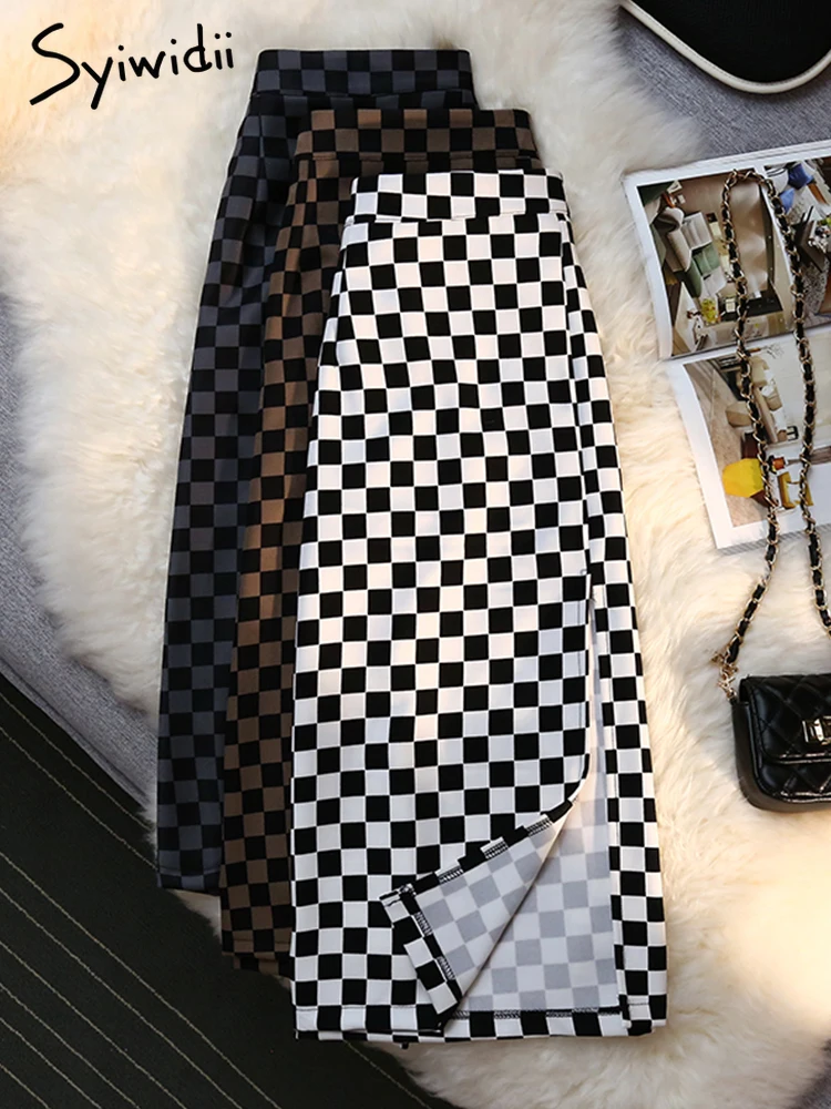 

Syiwidii 2022 Summer New Plaid A-LINE Casual Side Split Long Skirts for Women Vintage Fashion Zipper Streetwear Harajuku Skirt