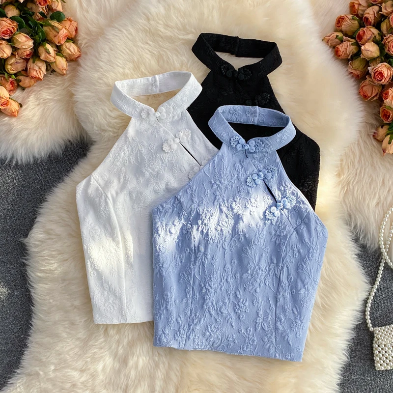 

Tank Tops Women 2022 Summer Clothes Sleeveless Top Halter Sexy Streetwear Embroidery Halter Black Cute Crop Tops Bustier Top