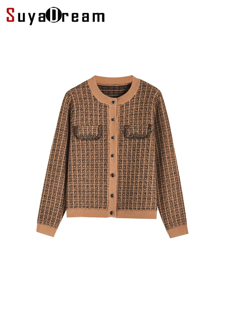 

SuyaDream 100%Wool Heavy Cardigans Round Neck Single Breasted Chic Jackets 2022 Fall Winter Warm Sweaters Charcoal Camel