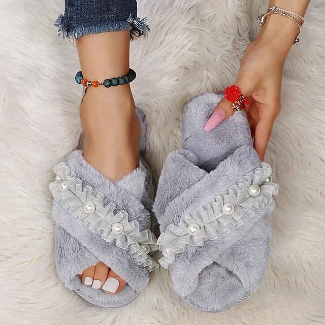 

Women Winter Warm Fluffy Slippers Cozy Confort Faux Fur Luxury Slides Ladies Female Cross Indoor Floor Flat Soft Furry Shoes