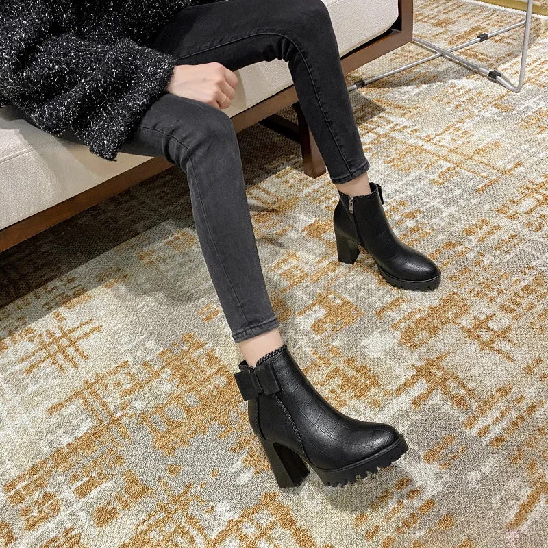 

Fashion Short Boots Women Retro Autumn New All-match Thick Heel Zipper Round Head Short Thick Sole High Heel Boots Women