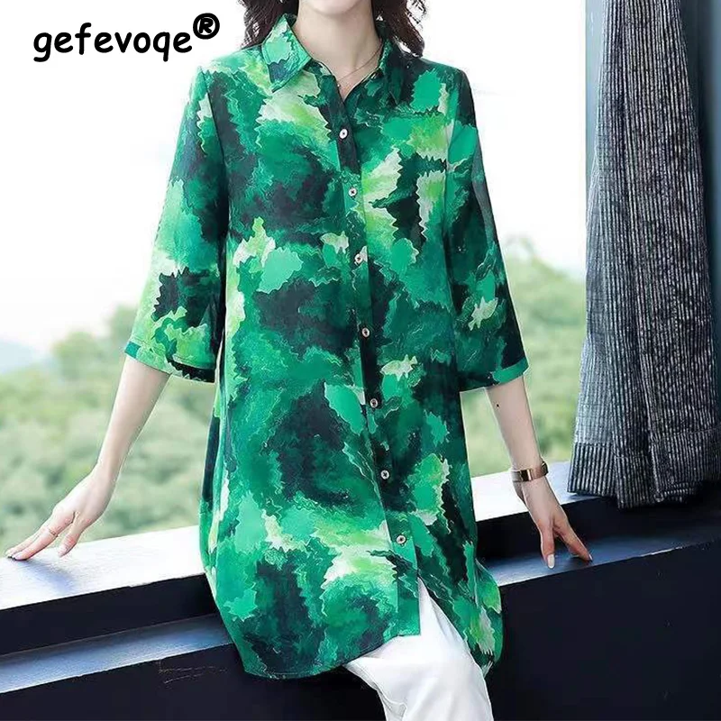 

Vintage Office Lady Floral Printing Button Long Chiffon Shirt Autumn 2022 New Polo-Neck Half Sleeve Loose Tops Women's Clothing