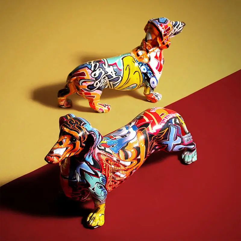 

Dog Statue Decor Modern Color Art Dachshund Sculpture Color Dog Graffiti Animal Figurines For Desktop Living Room Office Study