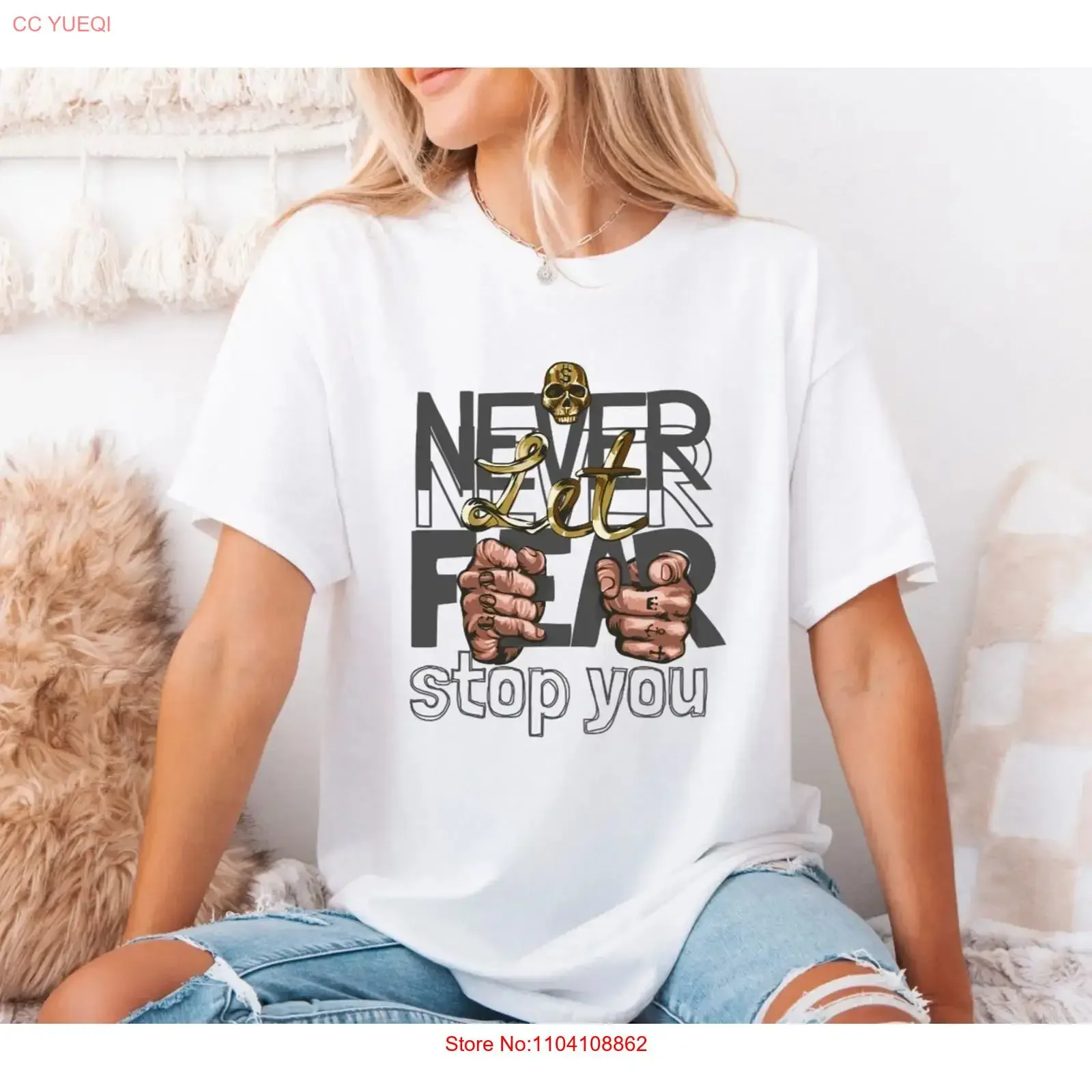 Фото Футболка «Never Let Fear Stop You» в уличном стиле, мотивационная, городская, винтажная, с эффектом потертости, удобная, слегка универсальная. №1