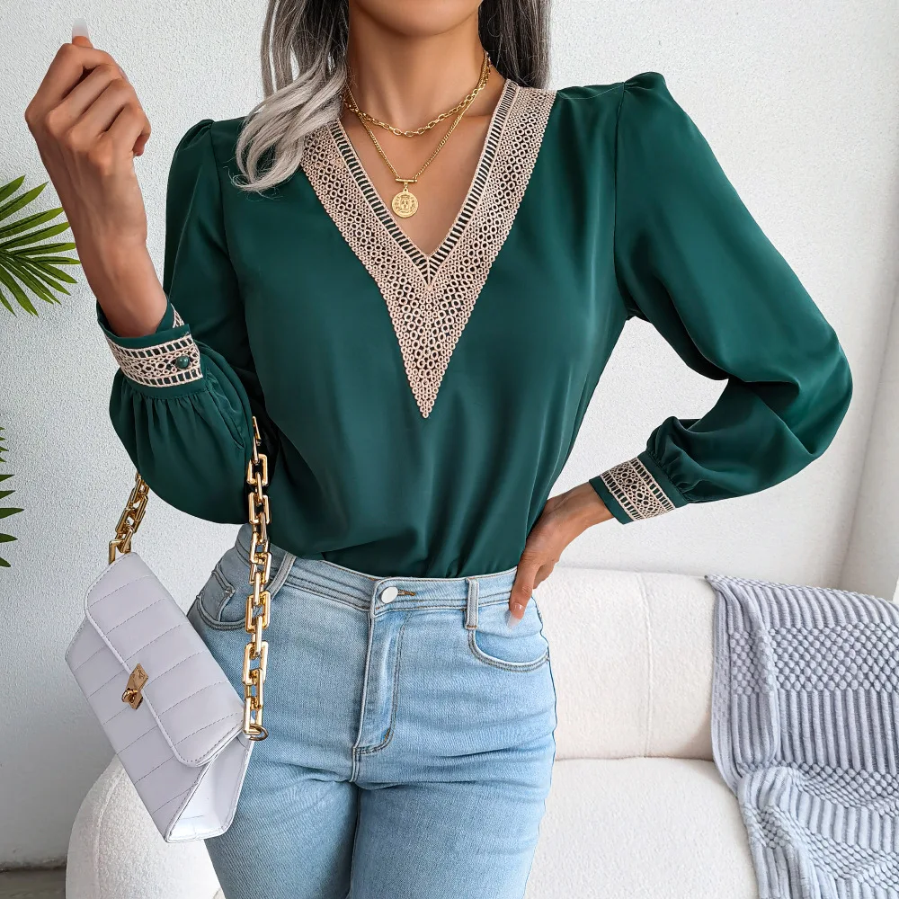 

Lace V Neck Chiffon T Shirt Women 2022 Spring Autumn Elegant Long Sleeve Top Black Office Tshirt White Party Green T-shirt Tops