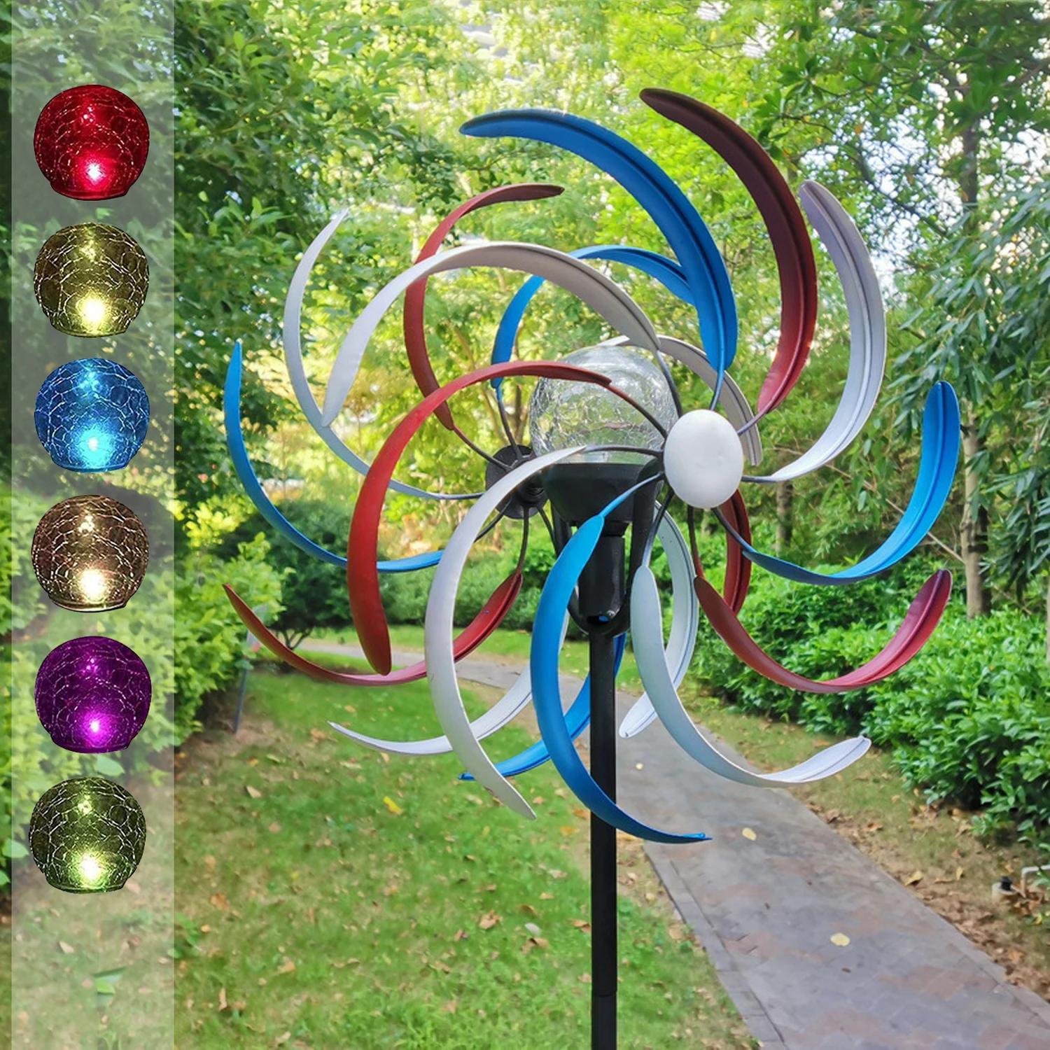 Solar Energy Wind Spinner Feather Multi-Color LED Lighting Glass Ball Decorative Garden