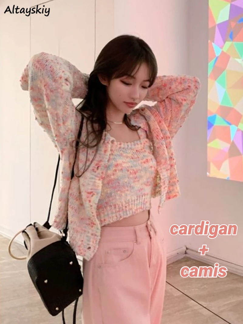 

Women 2 Pieces Sets Cropped Cardigan Camisole Colorful Knitted Sweet Sexy Tender Holiday Girlish Y2k Young Preppy Outfits Femme
