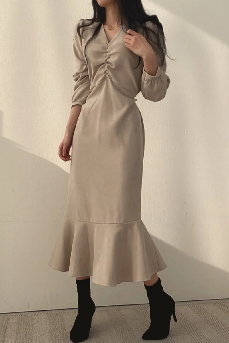 Женское платье корейское шикарное зимнее Плиссированное Платье с V-образным