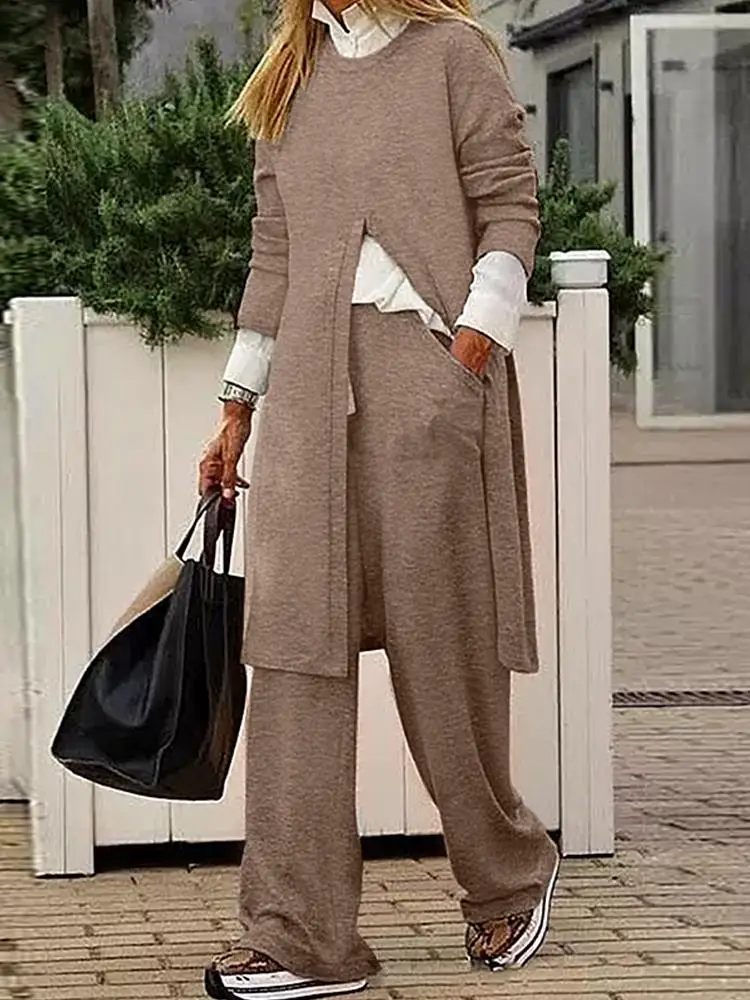 

2022 ZANZEA Women's Autumn Long Sleeve Suits Casual Solid Matching Sets Wide Leg Trouser 2PCS Pant Sets Outifits Urban Tracksuit