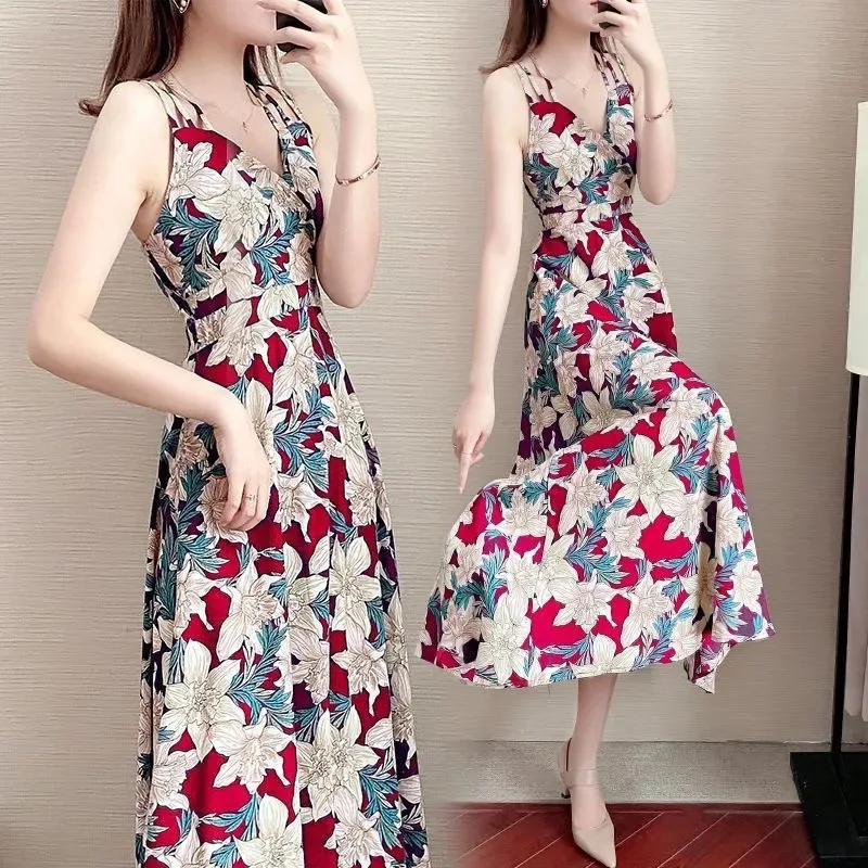 

Elegant Lady Floral Print Long Dresses 2023 Floral Suspenders Women's Summer Korean Version Backless Sweet Girl Sexy Dress