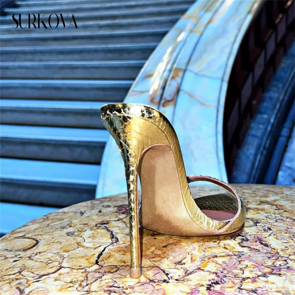 Pointed Toe Gold Foil Snake Pattern High-Heeled Slippers for Women Leather Ladies Sandals Party Dress Stilettos Feminine Shoes