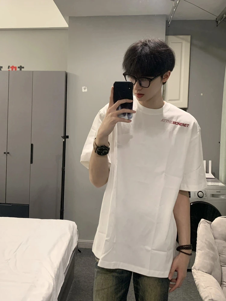 Pure Cotton American Fashion Simple Letters Short sleeve T-shirt Men Summer Loose Oversize Design Sense Top