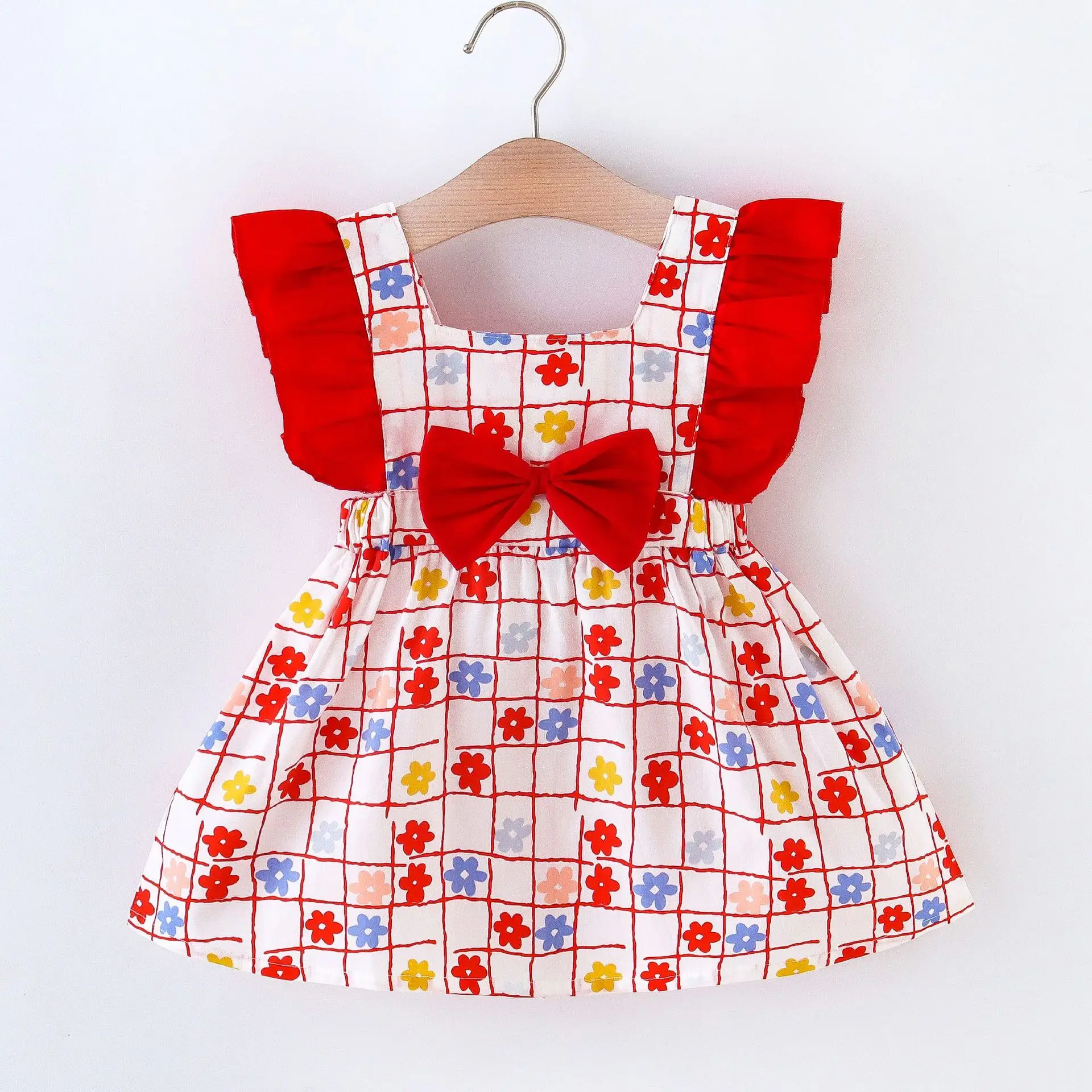 

Girls Dress Summer New Bow Color Small Pattern Plaid Lace Sleeveless Vest Skirt