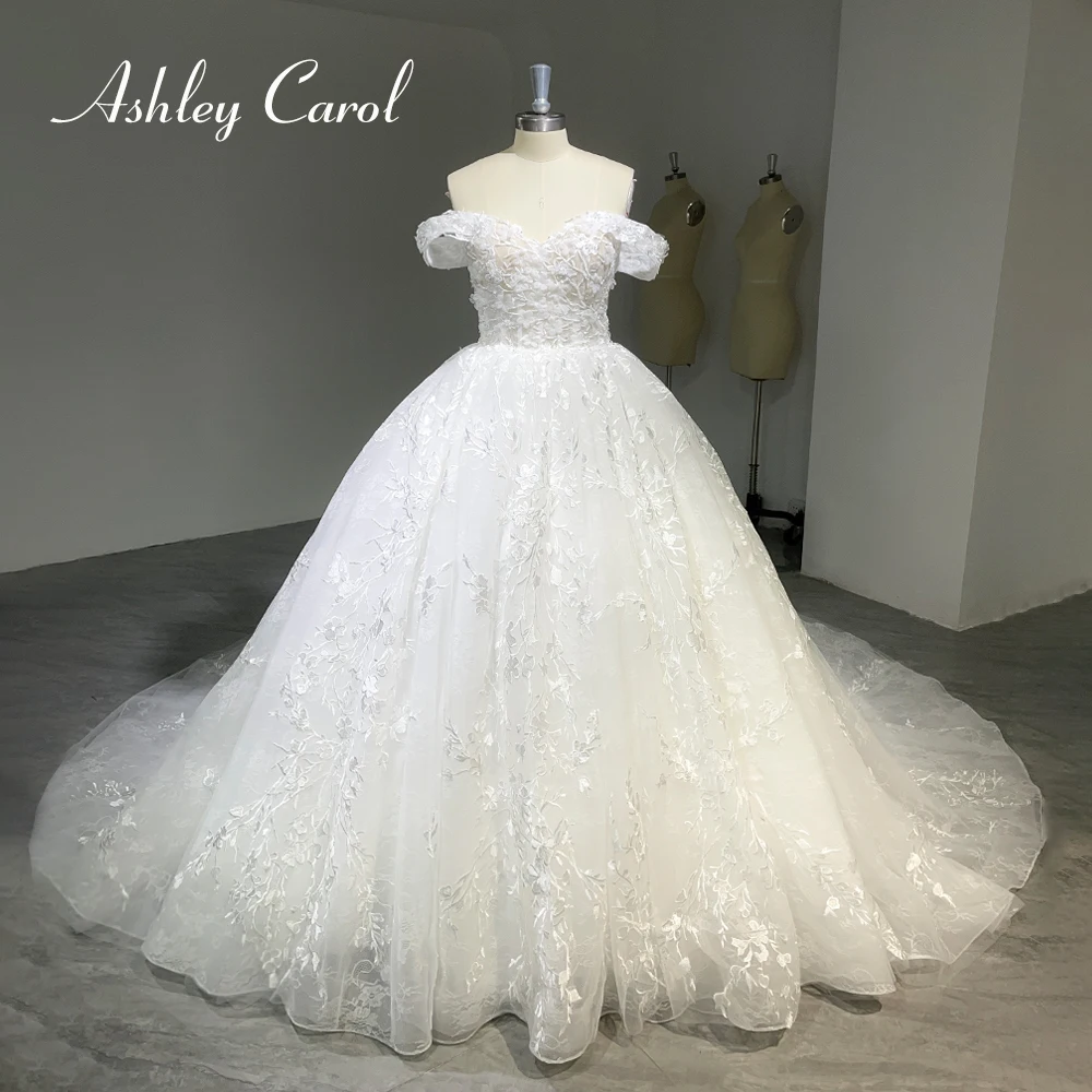

Ashley Carol Princess Ball Gown Wedding Dress 2024 Cap Sleeve Appliques Flowers Weeding Gown Lace Real photos Vestidos De Novia