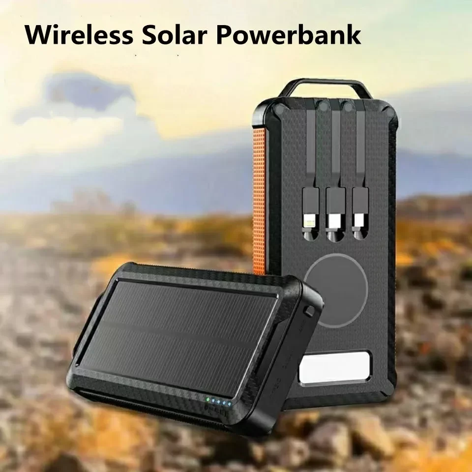 

2023New 30000mAh 40W Wireless Solar Power Bank for iPhone 12 Xiaomi Powerbank Built in 3 Cables External Battery Pack Power Bank