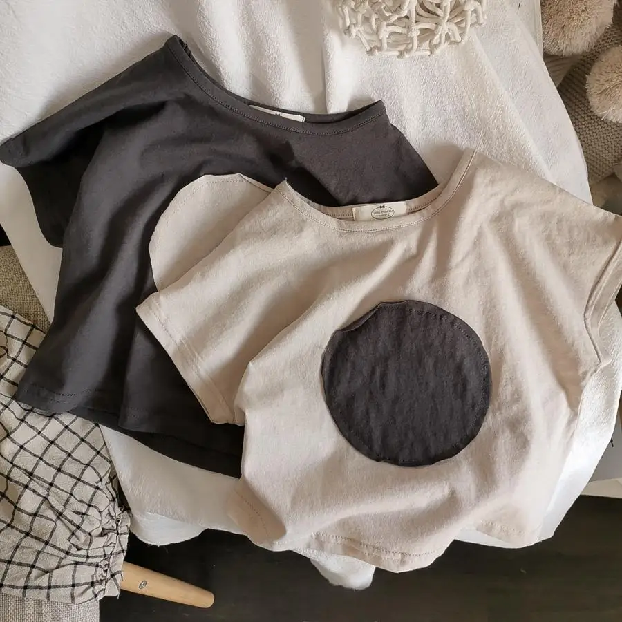 

Boys Kids Clothes Kids Girls Retro Korean Style Boys and Girls Round Patches Washed Cotton Loose Short SleeveT-Shirts2-7YearsOld