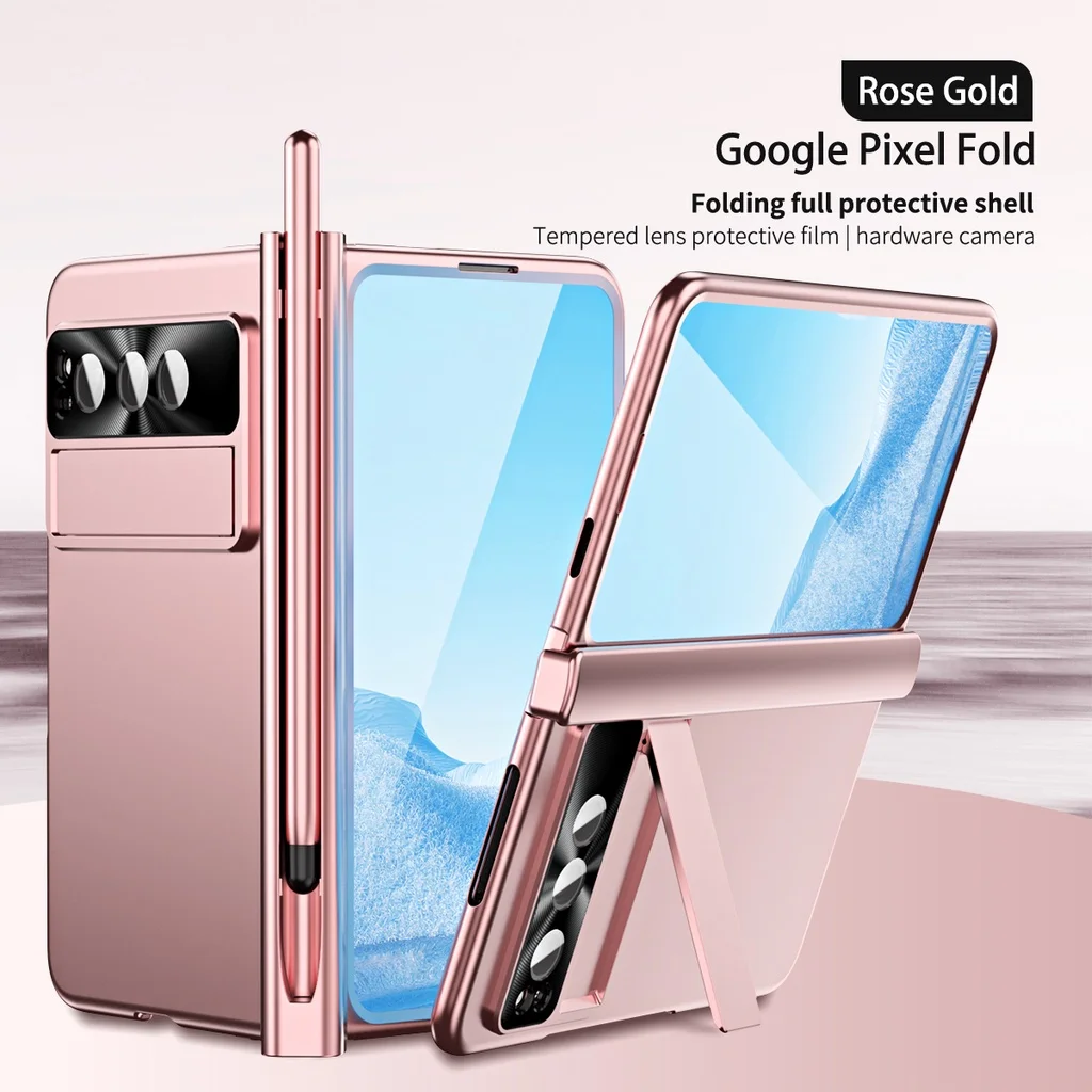 

For Google Pixel Fold Plating Hinge Case with Pen Holder 360 Full-Body Glass Screen Protector Camera Magnetic Kickstand Cover
