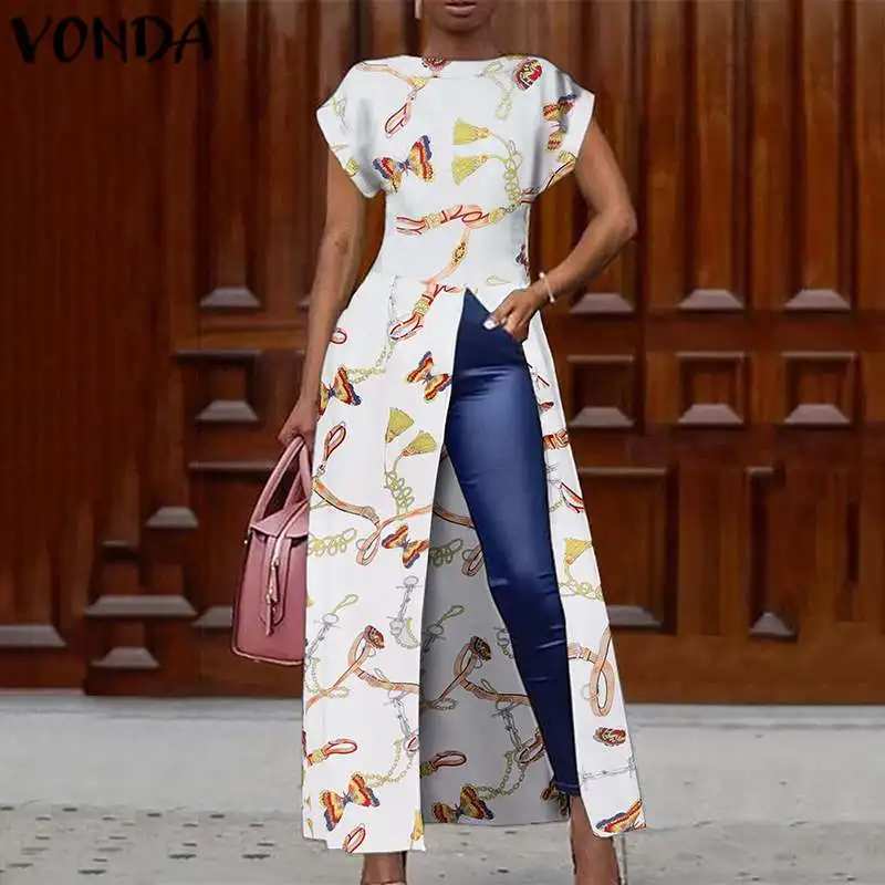 

VONDA 2022 Women Long Shirts Casual O Neck Split Hem Blusas Femininas Party Office Formal Shirts Women Printed Holiday Blouses