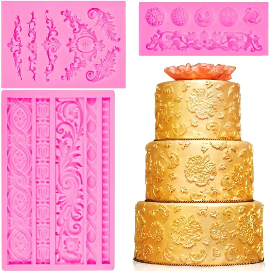 

3 Pieces Baroque Fondant Scroll Border Lace Curlicues Fondant Silicone for DIY Baking Cake Candy Decoration Po