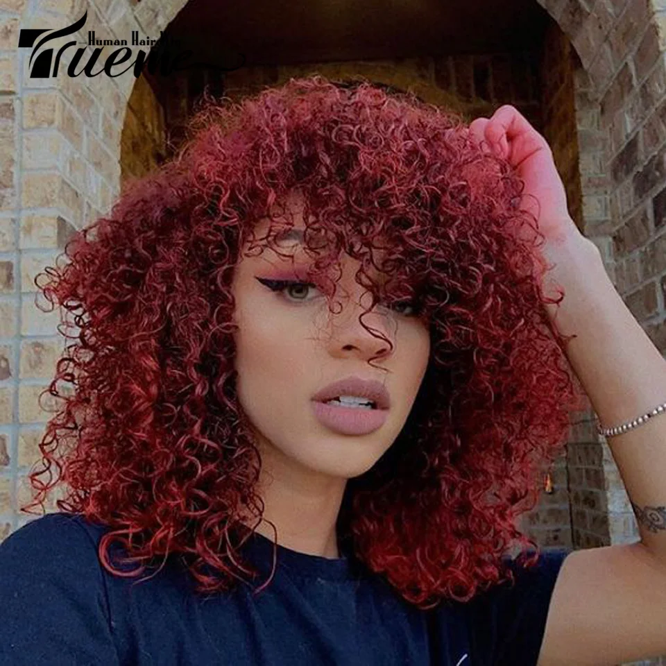 

Curly Bob Wig Human Hair Wigs Remy Brazilian Jerry Curl Human Hair Wig With Bangs Omber Burgundy Natural Human Hair Full Wig