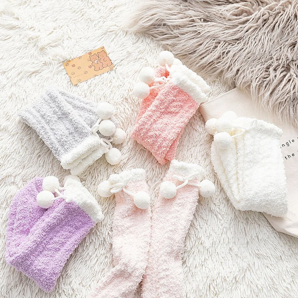 5 Pairs New Solid Color Hair Ball Coral Fleece Women Socks Warm Mid-tube Pink Furry Home Floor Sleepping Socks