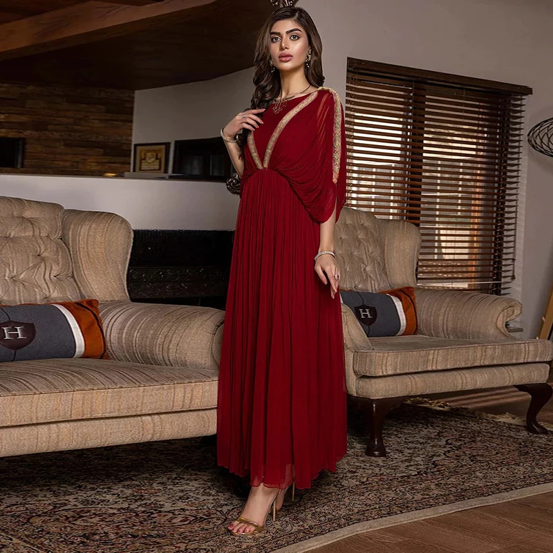 Pleated Long Muslim Chiffon Tunic Summer Dress Women 2022 Dubai Evening Hijab Turkish Islamic Traditional Arabic Dress Clothing