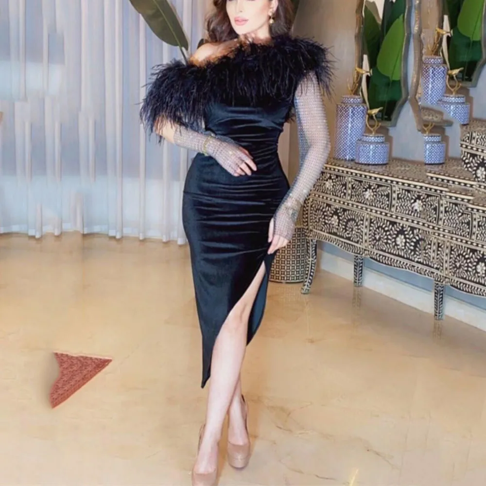 

Женское винтажное бархатное вечернее платье, длинное черное платье-футляр до щиколотки с перьями, платье для выпускного вечера, 2022
