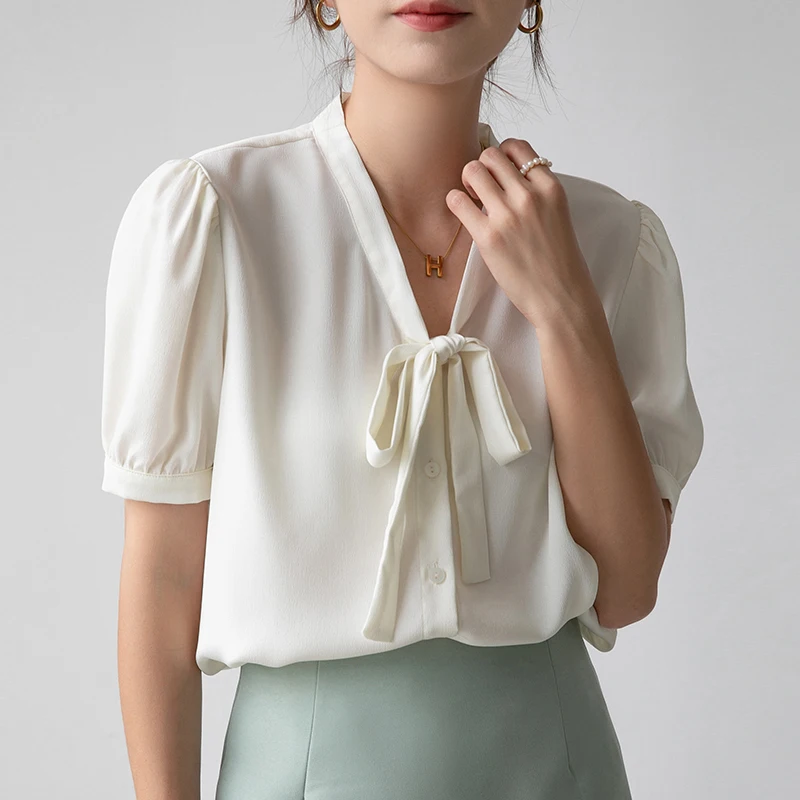 

French Style Casual Elegant Summer Blouse White Bow Tie Office Lady Lace-up Short Sleeve Satin Shirt Loose Tops Clothes 26889