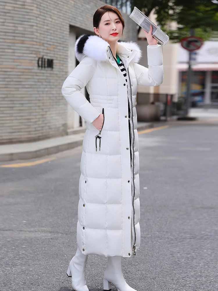 New Women Long Down Coat Winter Fashion Hooded Two-colour Real Fox Fur Collar Thicken Warm Down Jacket Female Slim Overcoat