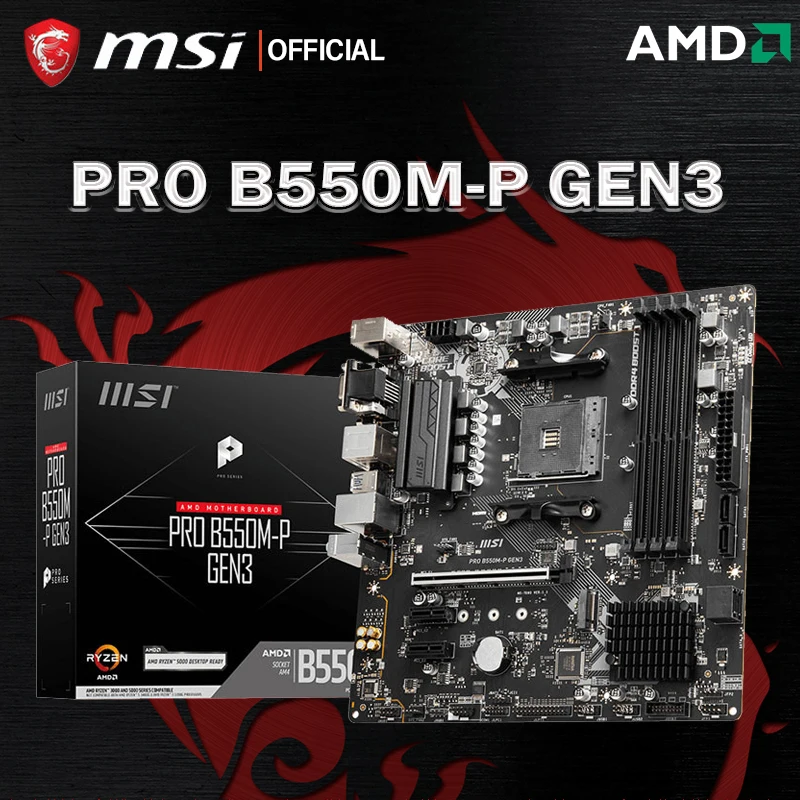 Материнская плата MSI New PRO B550M-P GEN3 Micro-ATX AMD B550 4x DIMM DDR4 M.2 SATA3 USB3.2 128G поддержка процессора AMD, разъем AM4