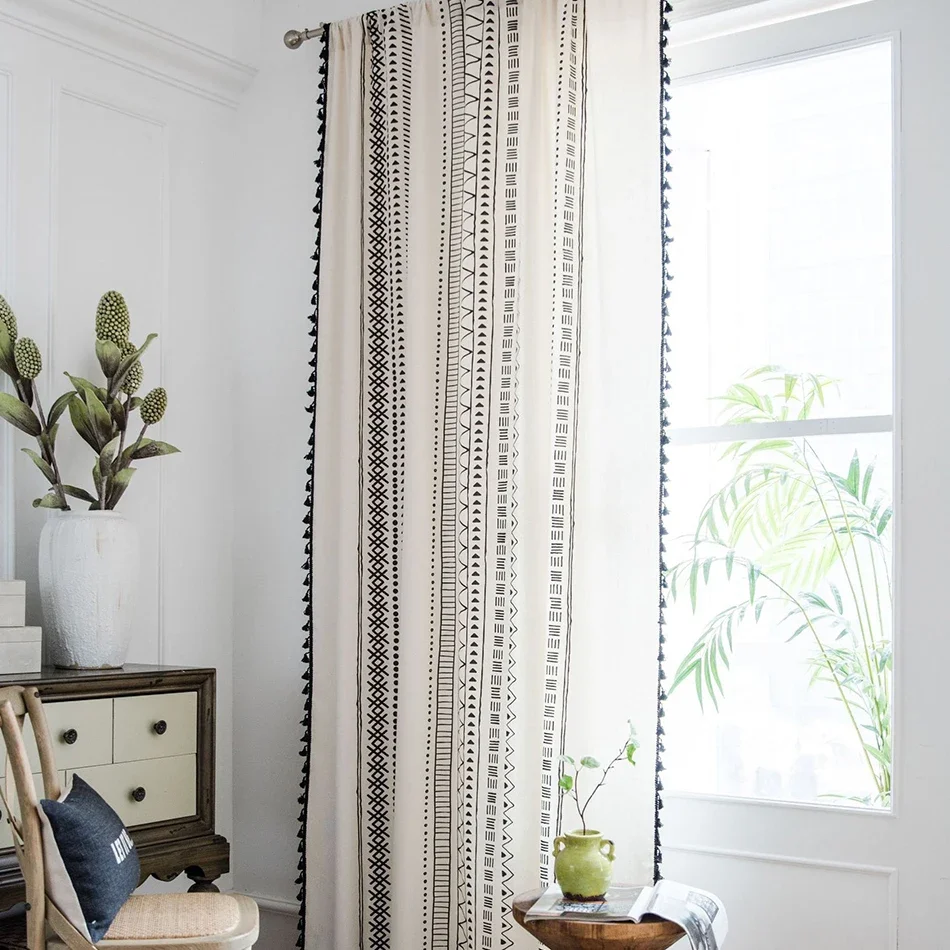 Льняные шторы с геометрическим узором дорожные карманные кисточками для кухни