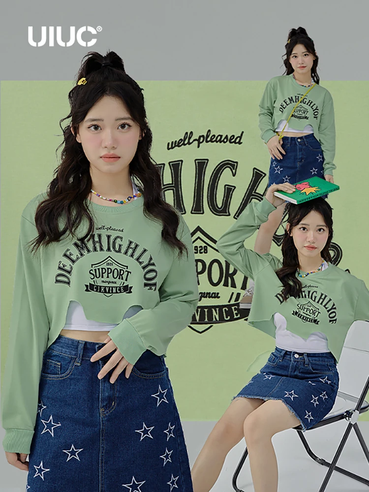 

UIUC Sweet Style Crop Tops Women Graphic Printed Irregular Hem Cropped Long Sleeve Tees
