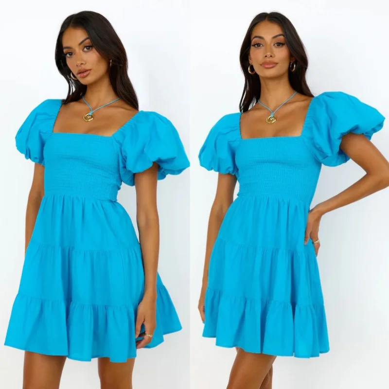 

Summer Women Elegant Fashion Corset Party Dress Casual Short Puff Sleeve Square Collar High Waist Ruffle Evening Dress Y2K