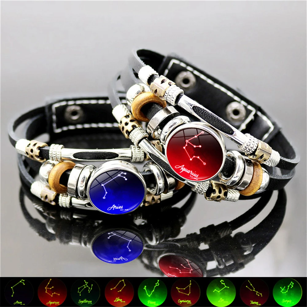 

Luminous 12 Constellation Bracelet for Men Glow In The Dark Jewelry Fashion Multilayer Beaded Leather Bracalet Birthday Gift