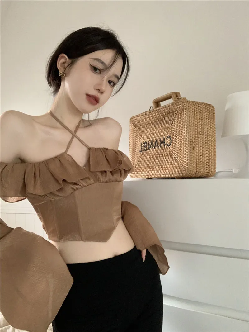 

French style hanging neck, straight shoulder, lotus leaf edge, long sleeved shirt, women's summer short, irregular slim fitting,