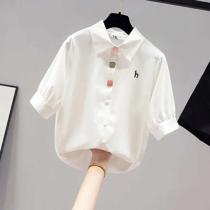 

Luxury Brand HAZZYS Embroidery Shirt Women 2023 New Summer Chiffon Short Sleeve T-Shirt Top Women White Shirt Thin Half Sleeve