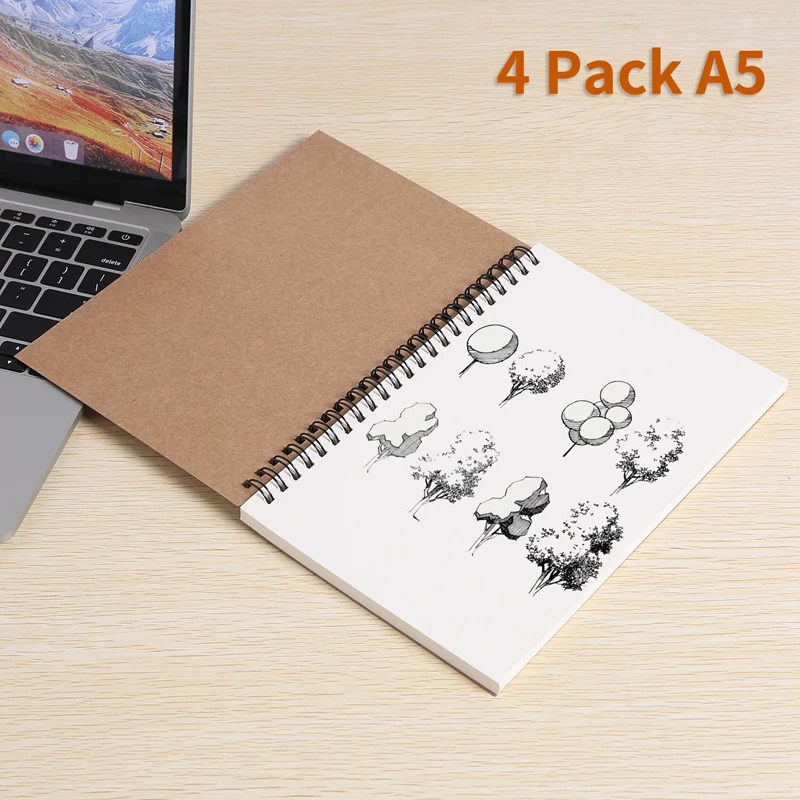 

4 Pack A5 Kraft Cover Notepad Blank Paper Sketchbook 100 Pages/ 50 Sheets Memo Planner Sketch Pad 8.25 X 5.55 Inch