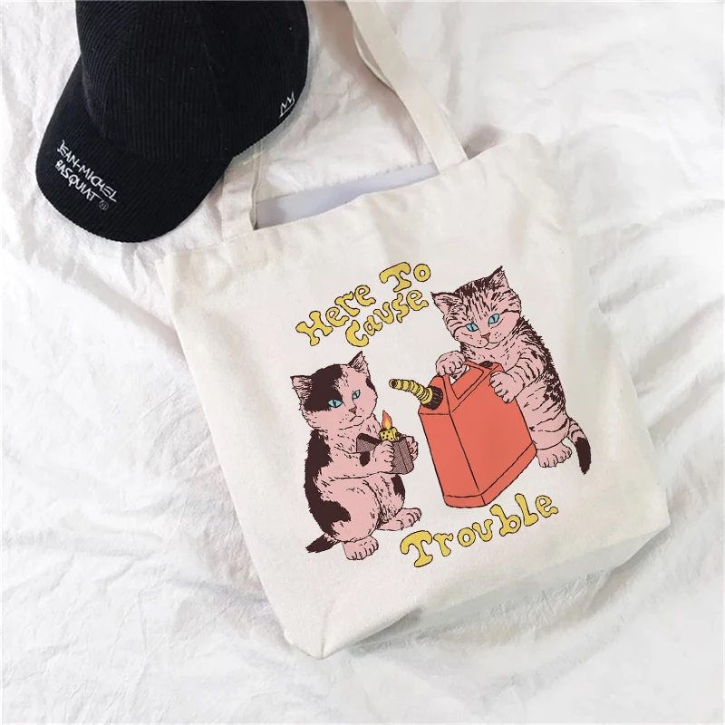 Women Shopping Bags Cute Cat Cartoons Pattern Series Eco Shopper Shoulder Bag Fashion Funny Printing Handbag Canvas Tote Bag  - buy with discount