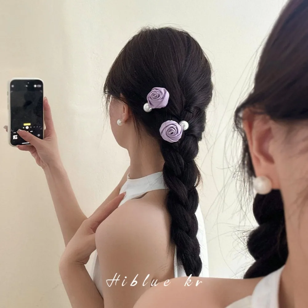 Тканевая атласная заколка для волос в форме розы с жемчугом модные аксессуары