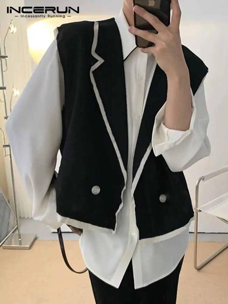 

Модный мужской жилет INCERUN, безрукавка в стиле пэчворк с отворотом, уличная одежда без рукавов 2022, повседневные безрукавки с открытым стежком...