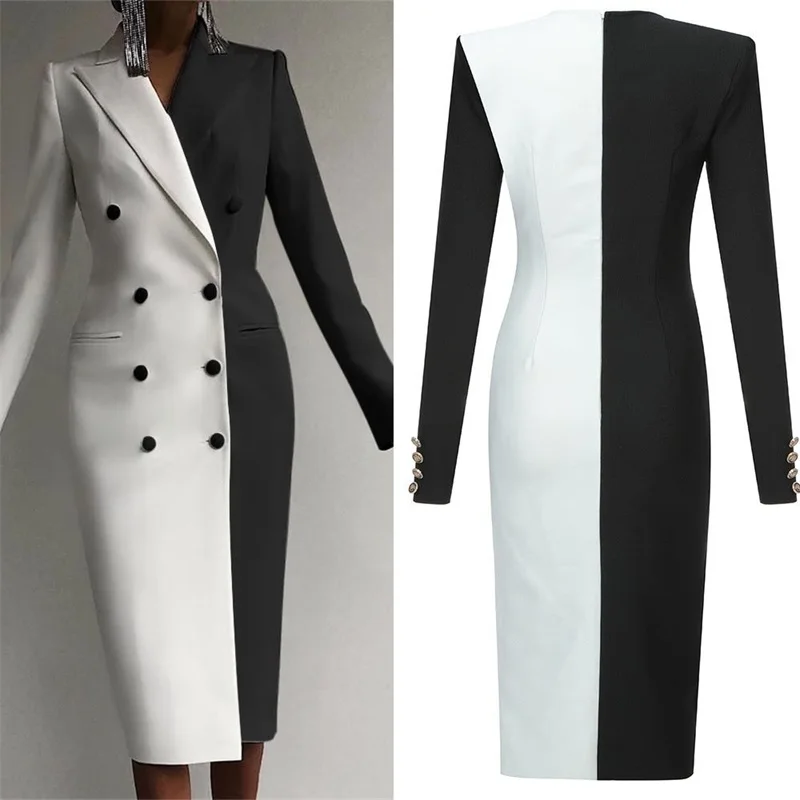 

Black White Color Matching Women Suit Blazer Double Breasted Long Jacket Office Ladies Prom Evening Guest Wear Custom Made